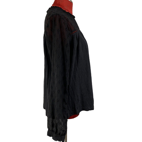 Fat Face Sheer Black Long Sleeve Peasant Blouse Casual Top Size 10 Eyelet Lace - Picture 7 of 11